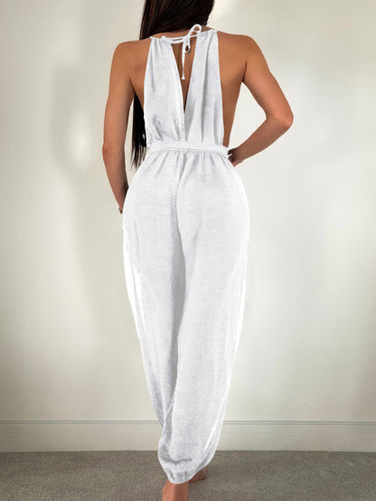 Sleeveless Beach Cover Up Solid Color All Matching Tied Jumpsuit Slim Fit Slimming Sun Protection Clothing Women