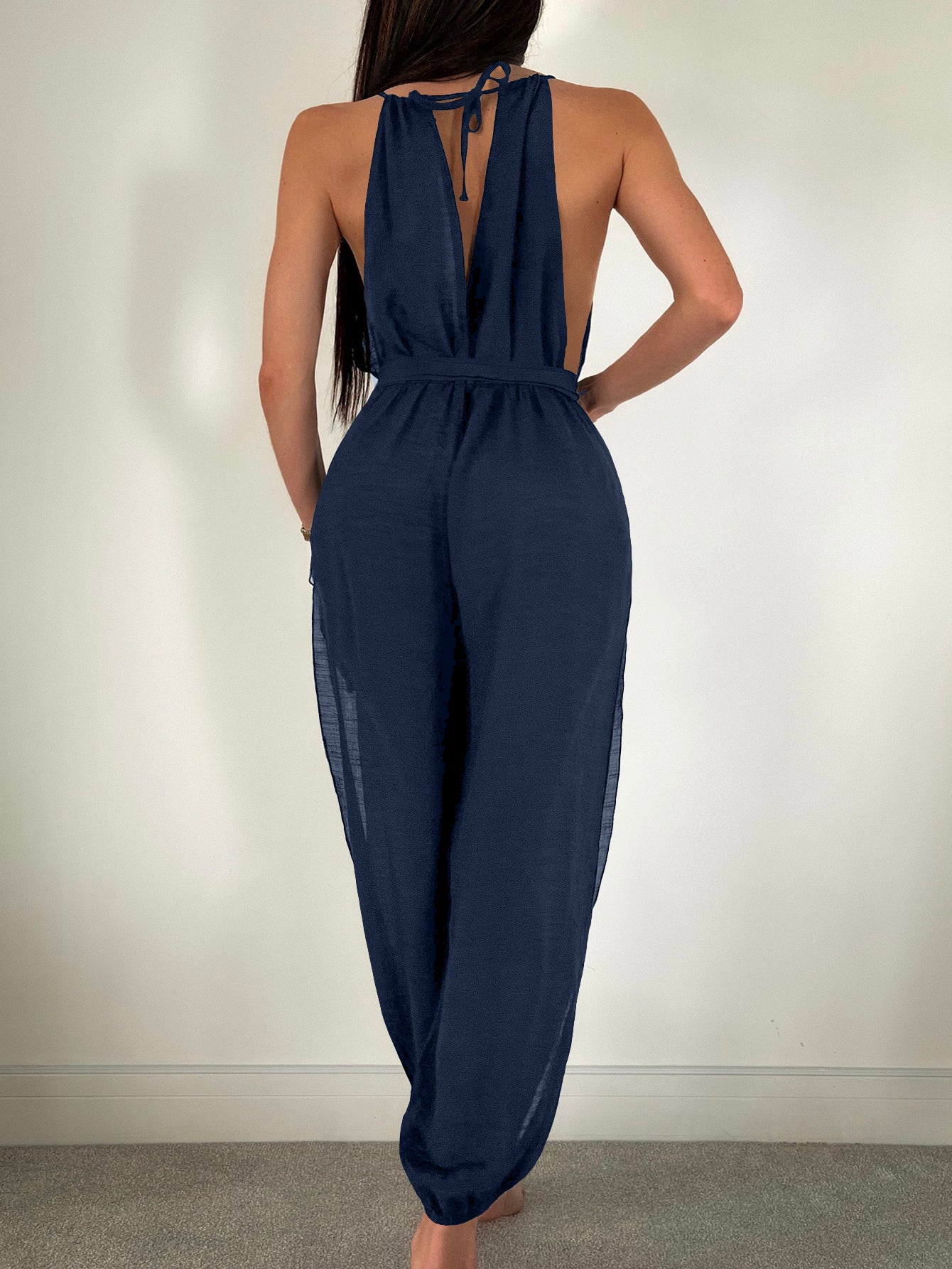 Sleeveless Beach Cover Up Solid Color All Matching Tied Jumpsuit Slim Fit Slimming Sun Protection Clothing Women