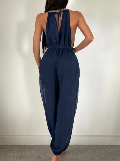 Sleeveless Beach Cover Up Solid Color All Matching Tied Jumpsuit Slim Fit Slimming Sun Protection Clothing Women