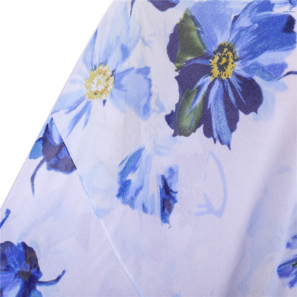 Spring Summer Fresh Blue Floral Light Chiffon Sunshade Beach Cover Up Half Sleeve Cardigan