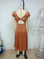 Summer Women Solid Color Swing Collar Back Twist Hollow Out Cutout Short Sleeve Mid Length Dress DreamFashion
