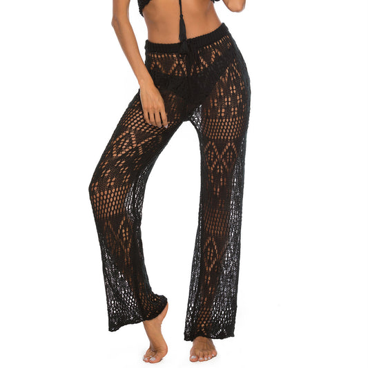 Solid Color Sexy Ladies Nightclub Sexy See Through Hollow Out Cutout Woven Trousers Crocheted Beach Pants