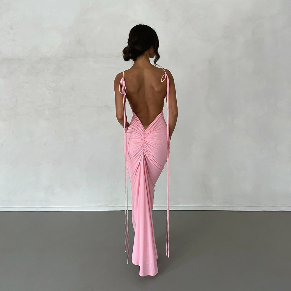 Vestido sexy para mujer, vestido plisado sin espalda, vestido de noche sin mangas con tirantes para mujer