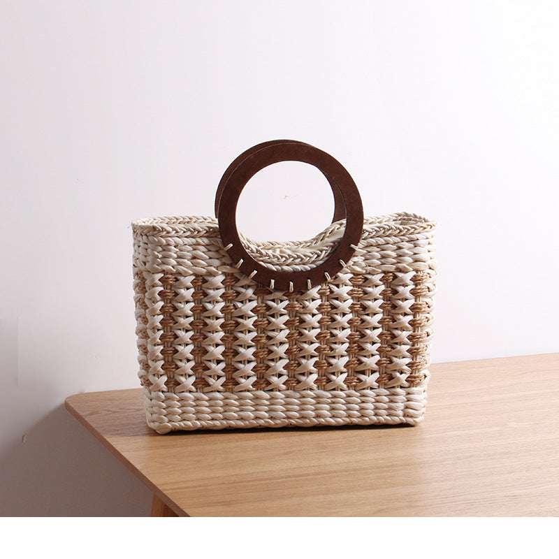 Bolso de paja a rayas vintage, bolso de piel de maíz, bolso de playa tejido, bolso Mori de gran capacidad para vacaciones, bolso de ratán tejido. 