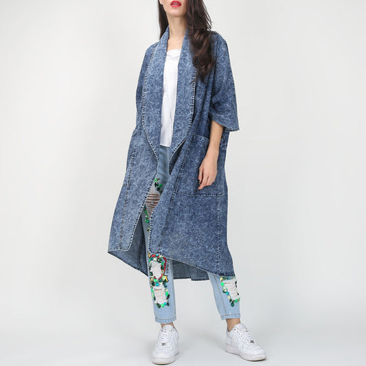 Autumn Winter Loose Lapels Half Sleeve Irregular Asymmetric Hem Long Denim Trench Coat Coat for Women Sailfish
