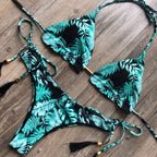 Leopard Print Bikini Solid Color Women Swimsuit Sexy Lace-up Swimwear Split Bikini