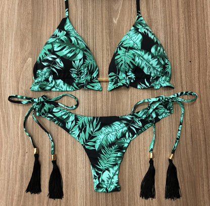 Leopard Print Bikini Solid Color Women Swimsuit Sexy Lace-up Swimwear Split Bikini