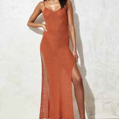 Sleeveless Sexy Slim Fit See through Sling Vacation Dress Women Knitted Slit Backless Dress