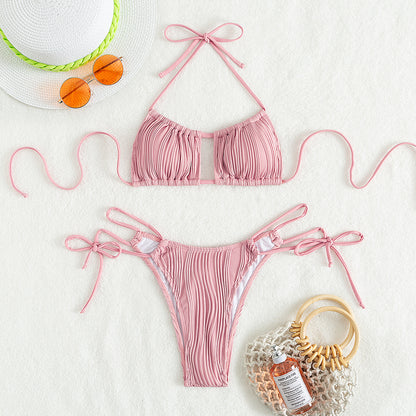 Traje de baño para mujer, bikini de color sólido dividido, traje de baño de playa