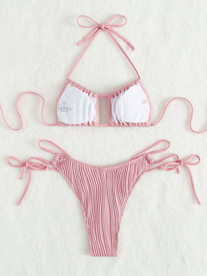 Traje de baño para mujer, bikini de color sólido dividido, traje de baño de playa