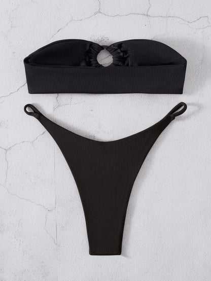 Traje de baño de color sólido con pecho plano, conjunto de bikini francés sexy