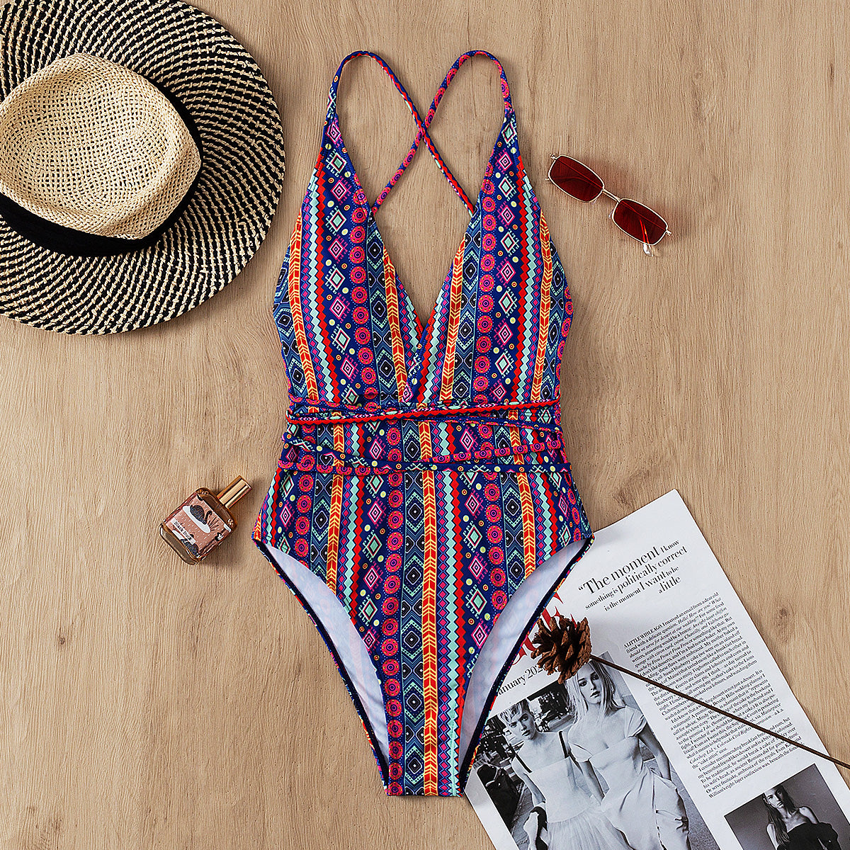 Traje de baño bohemio con escote en V profundo y tirantes, sexy, sin espalda, para mujer