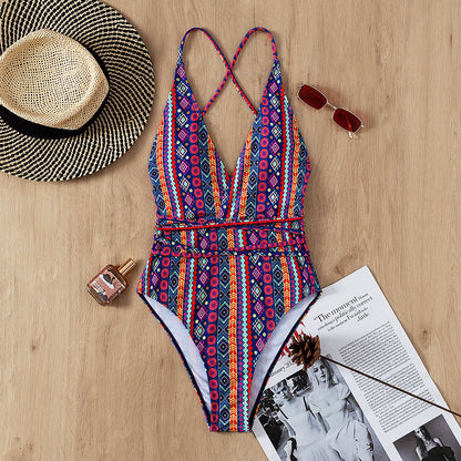 Traje de baño bohemio con escote en V profundo y tirantes, sexy, sin espalda, para mujer