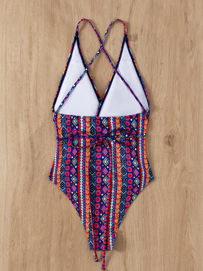 Traje de baño bohemio con escote en V profundo y tirantes, sexy, sin espalda, para mujer