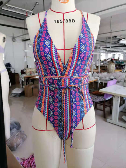 Traje de baño bohemio con escote en V profundo y tirantes, sexy, sin espalda, para mujer