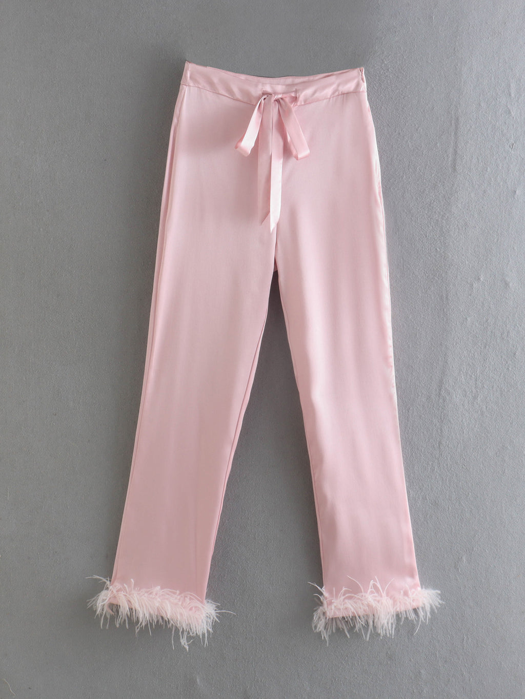 Women Clothing Summer Lace up Feather Decoration Casual Straight Pants Women Trousers & TOP F00122614 SHE