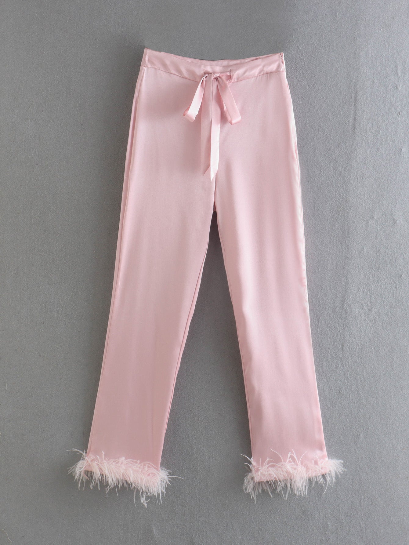 Women Clothing Summer Lace up Feather Decoration Casual Straight Pants Women Trousers & TOP F00122614 SHE