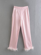 Women Clothing Summer Lace up Feather Decoration Casual Straight Pants Women Trousers & TOP F00122614 SHE