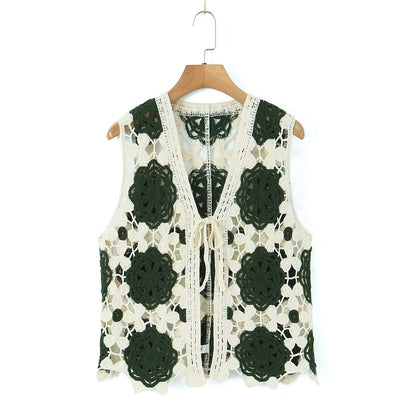 Spring Arrival Contrast Color Crocheted Top Comfort Casual Women Clothing Hong Kong Retro Hollow Out Cutout Design Vest