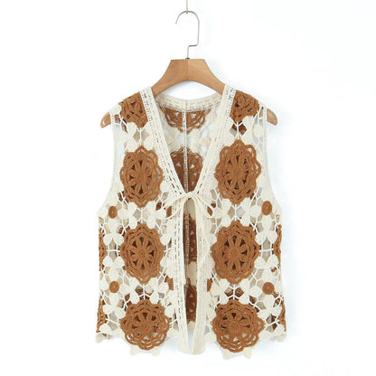 Spring Arrival Contrast Color Crocheted Top Comfort Casual Women Clothing Hong Kong Retro Hollow Out Cutout Design Vest