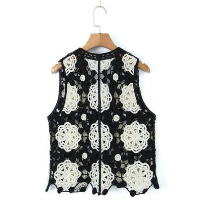 Spring Arrival Contrast Color Crocheted Top Comfort Casual Women Clothing Hong Kong Retro Hollow Out Cutout Design Vest