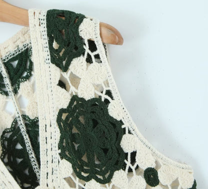 Spring Arrival Contrast Color Crocheted Top Comfort Casual Women Clothing Hong Kong Retro Hollow Out Cutout Design Vest