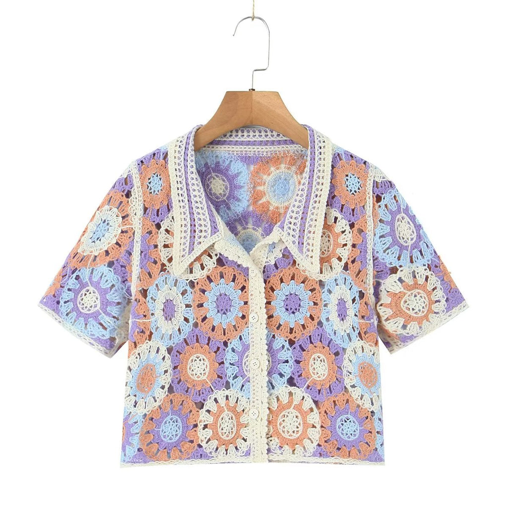 Solapa Retro, Top de Ganchillo, Ropa de Primavera para Mujer, Suéter Corto con Contraste de Color y Botones.