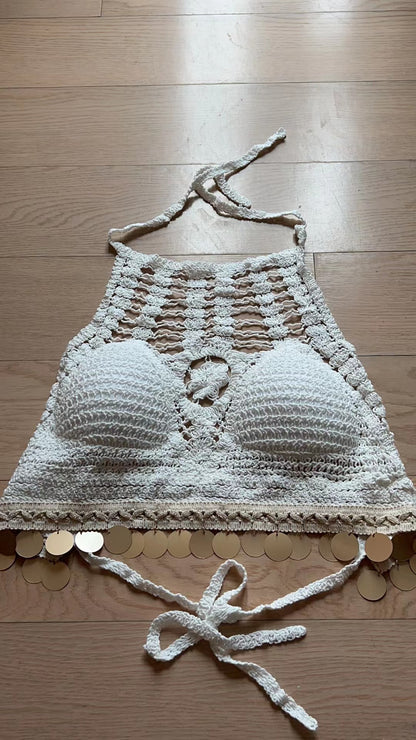 Women Summer Bright Leaf Crocheted Hollow Sling Rear Strap Top Crochet hook