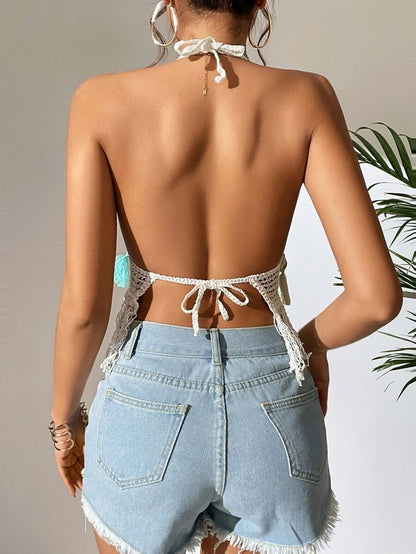 Women Summer Tassel Crocheted Hollow Sling Rear Strap Top Crochet hook