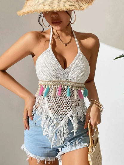 Women Summer Tassel Crocheted Hollow Sling Rear Strap Top Crochet hook