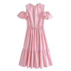 Women Clothing Summer Elegant Socialite Striped Flounced Sleeve Backless Ruffled Stitching Dress ILLUSION V