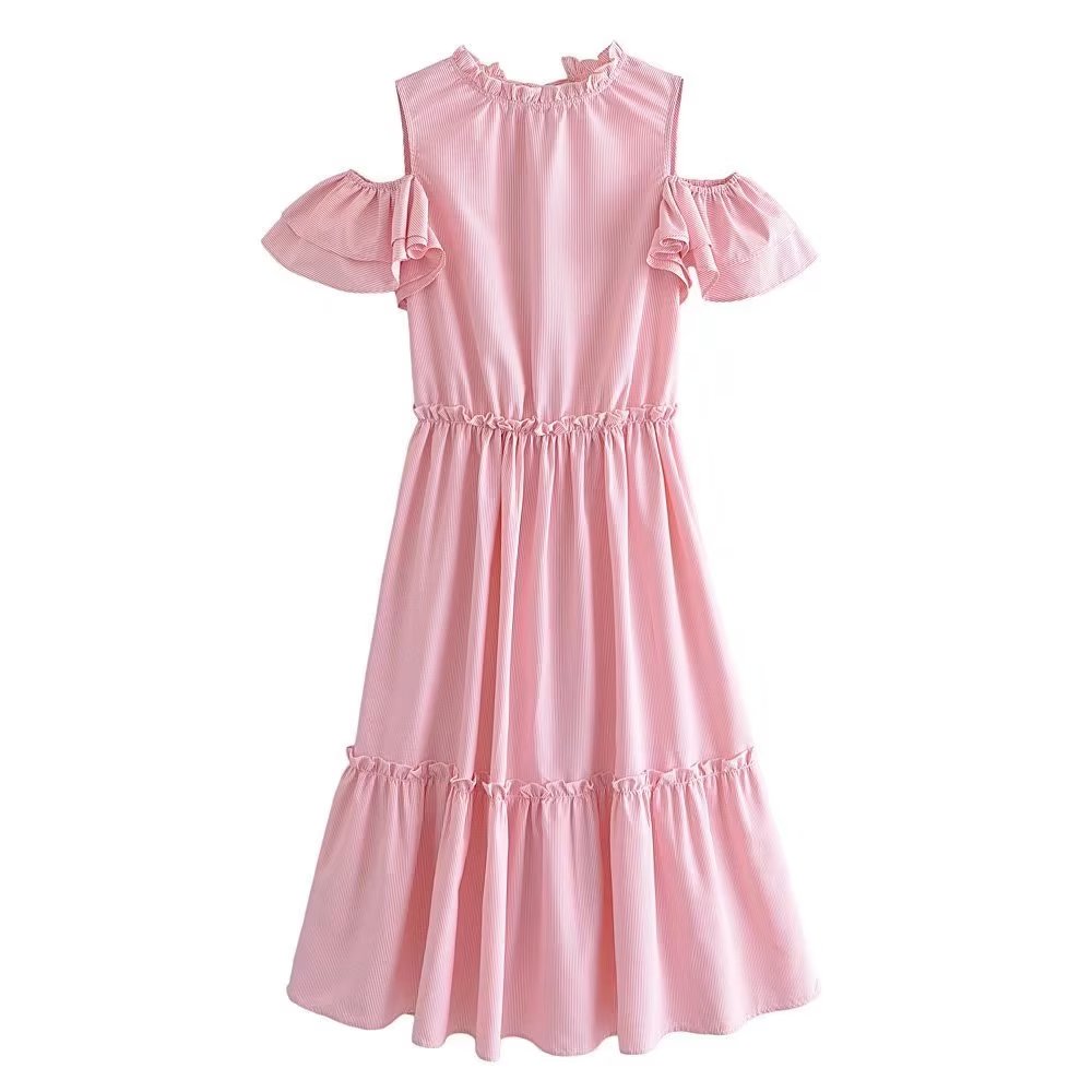 Women Clothing Summer Elegant Socialite Striped Flounced Sleeve Backless Ruffled Stitching Dress ILLUSION V