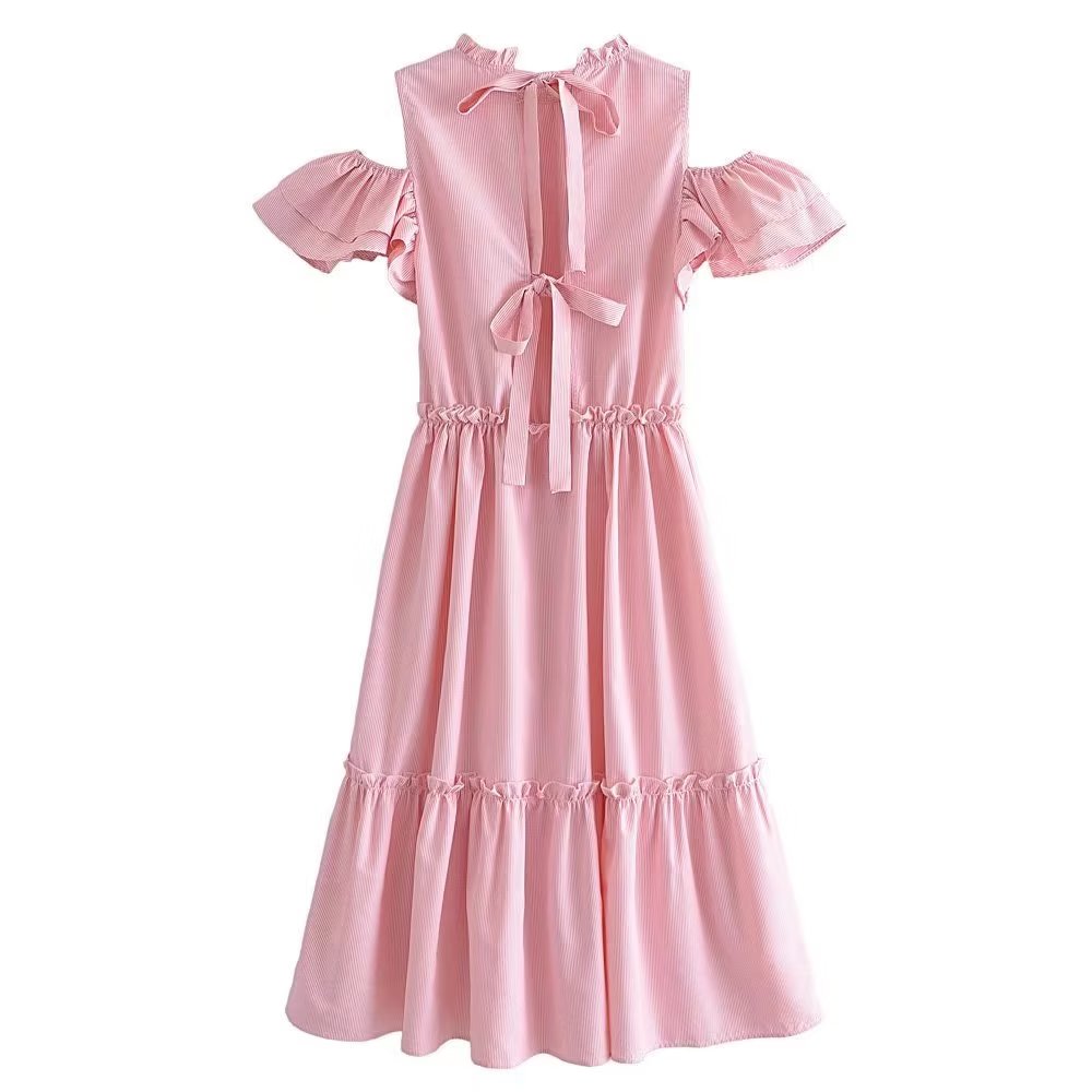 Women Clothing Summer Elegant Socialite Striped Flounced Sleeve Backless Ruffled Stitching Dress ILLUSION V