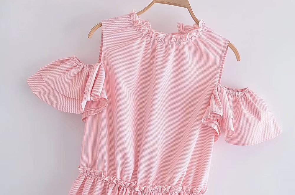 Women Clothing Summer Elegant Socialite Striped Flounced Sleeve Backless Ruffled Stitching Dress ILLUSION V