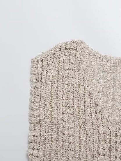 Hollow Out Cutout Crocheted V-neck Vest Knitwear Summer Outerwear Cover-up Sleeveless T-shirt Korean Top for Women