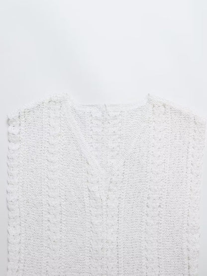 Hollow Out Cutout Crocheted V-neck Vest Knitwear Summer Outerwear Cover-up Sleeveless T-shirt Korean Top for Women