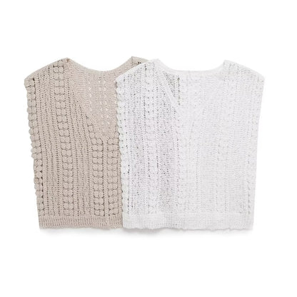 Hollow Out Cutout Crocheted V-neck Vest Knitwear Summer Outerwear Cover-up Sleeveless T-shirt Korean Top for Women