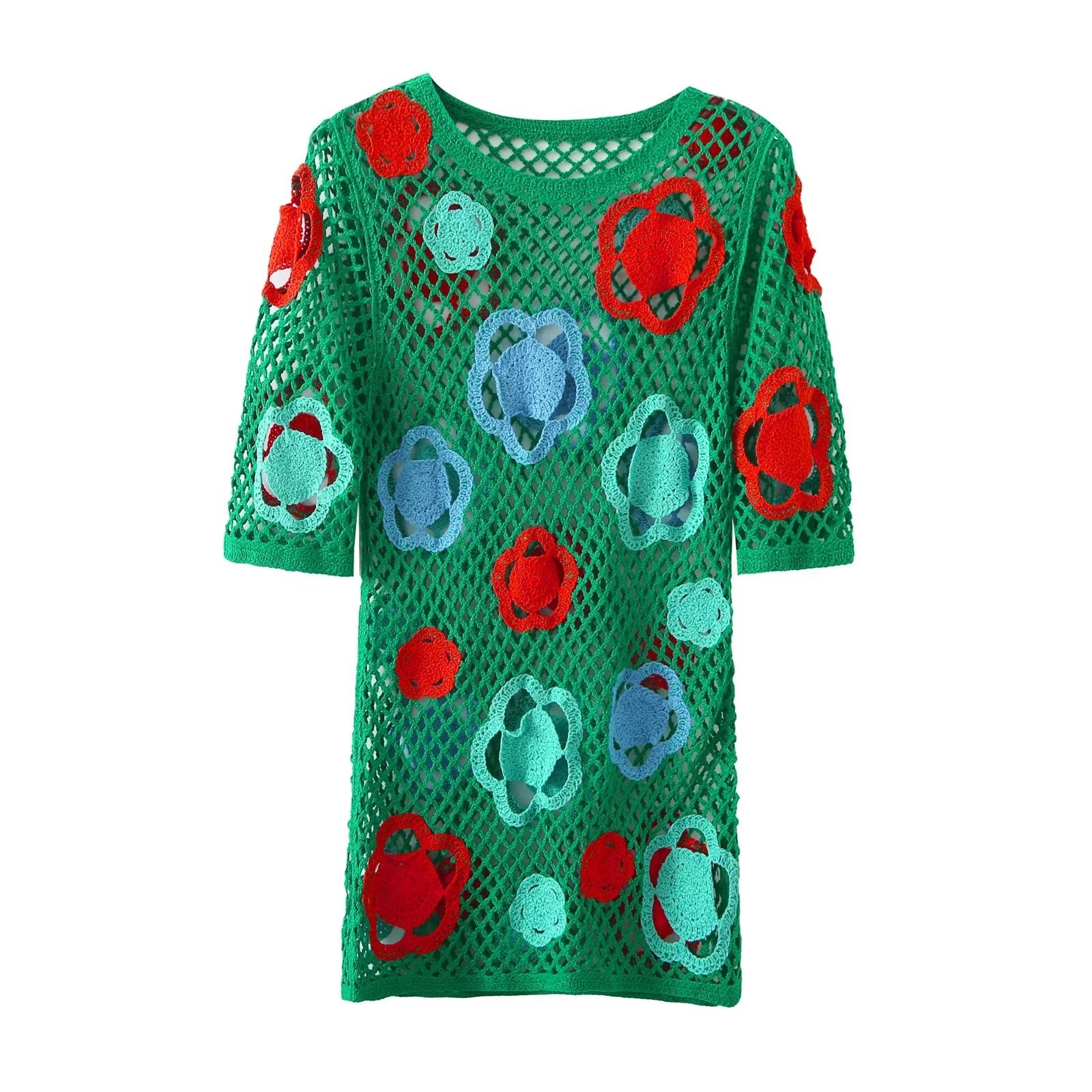 Vestido corto de verano para mujer, de malla grande y color crochet, minivestido
