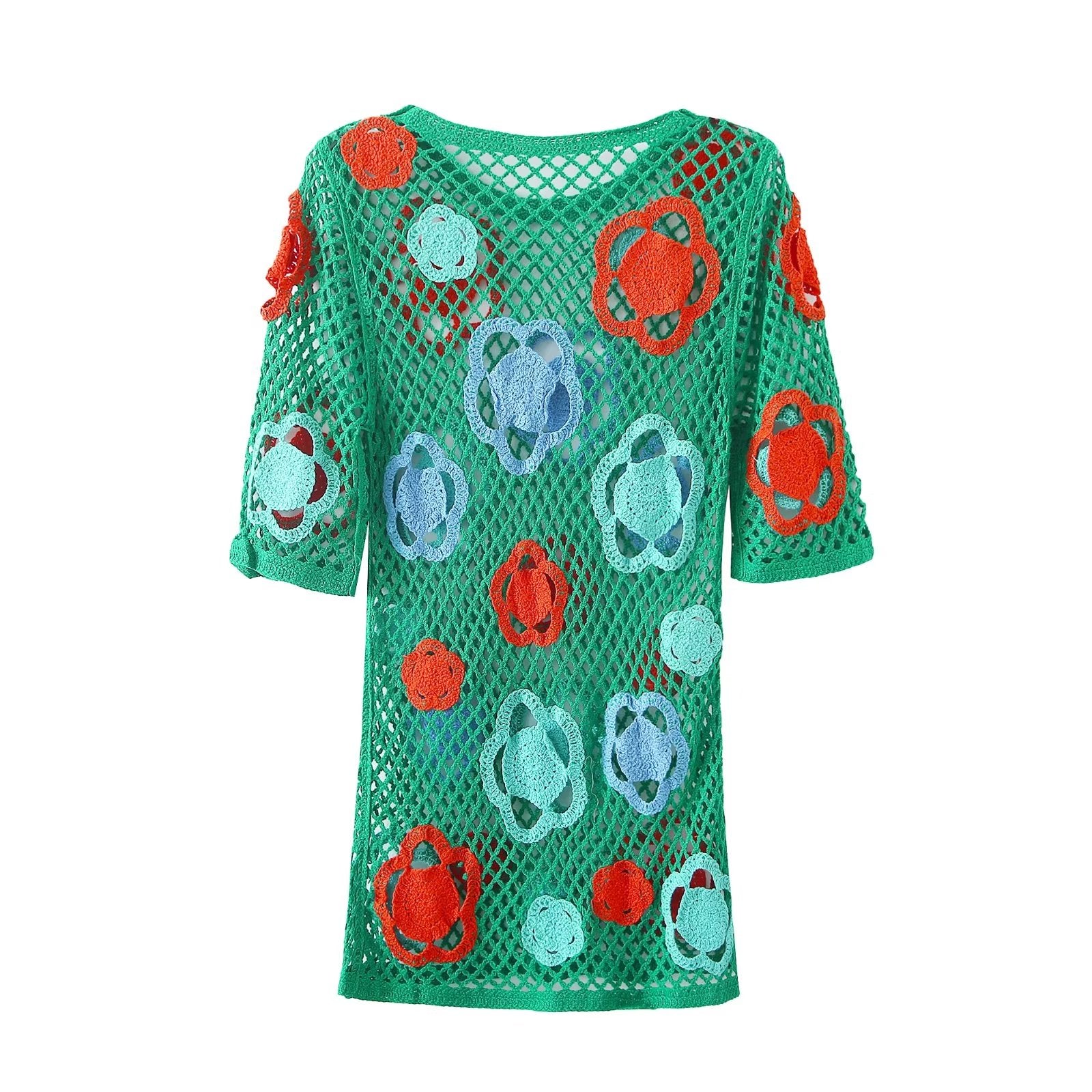 Vestido corto de verano para mujer, de malla grande y color crochet, minivestido