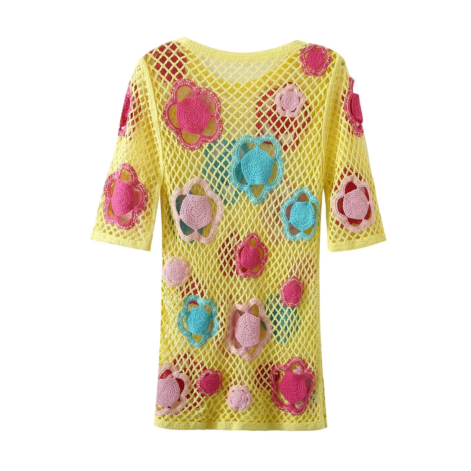Vestido corto de verano para mujer, de malla grande y color crochet, minivestido