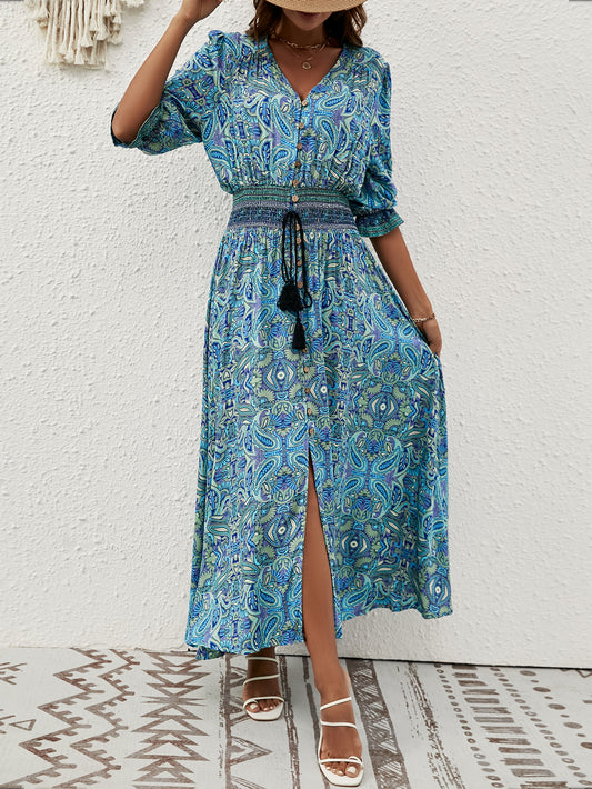 Women Summer New Arrival Cotton Positioning Printed Seven Sleeve Belted Bohemian Dress Travel Vacation Buckle Beach Dress
