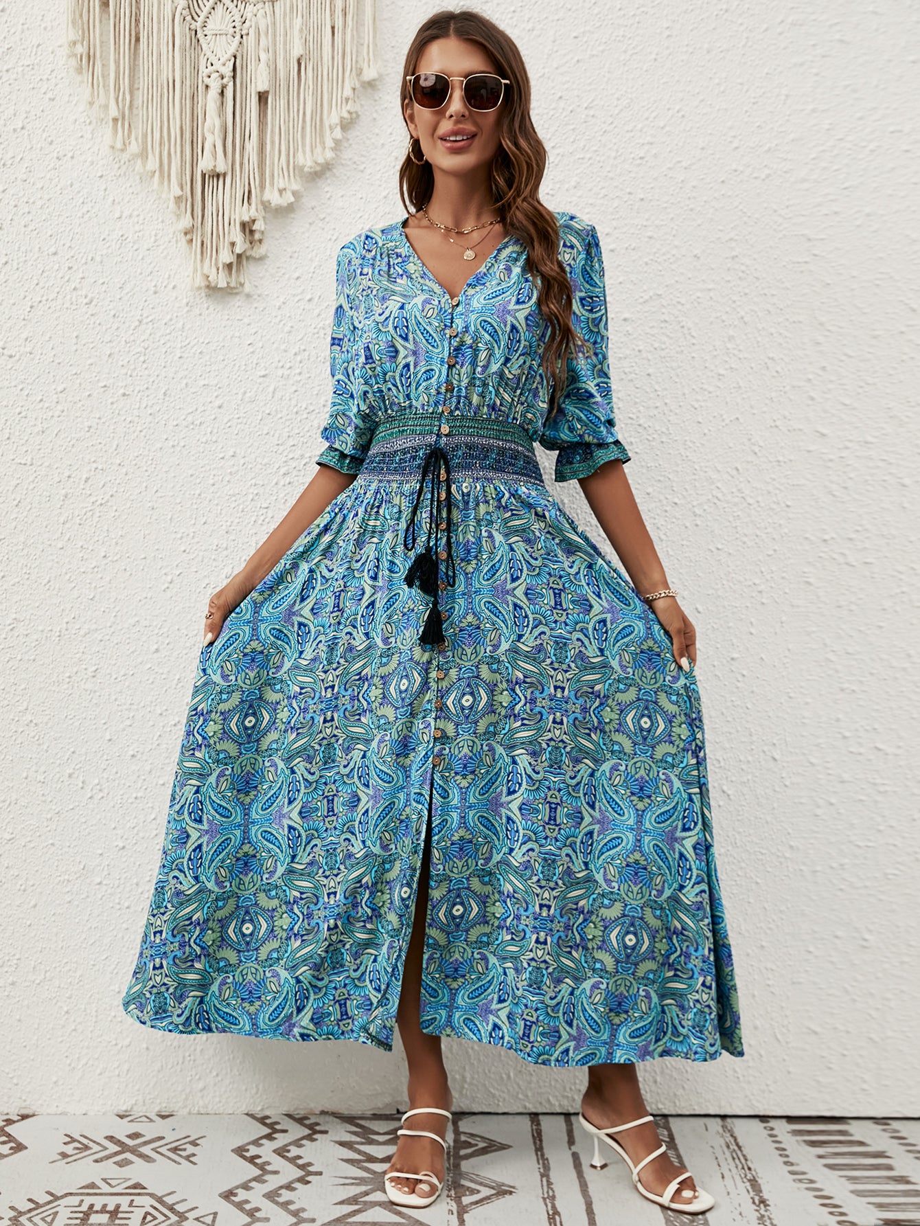 Women Summer New Arrival Cotton Positioning Printed Seven Sleeve Belted Bohemian Dress Travel Vacation Buckle Beach Dress