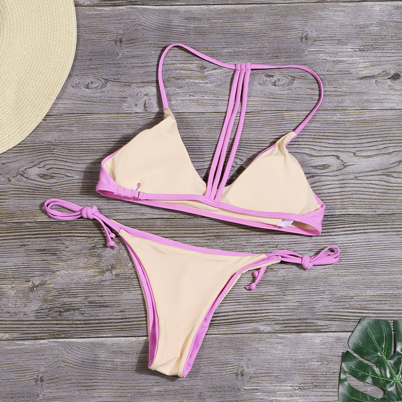 Bikini sexy con espalda abierta, traje de baño de color liso para playa