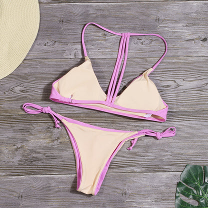 Bikini sexy con espalda abierta, traje de baño de color liso para playa