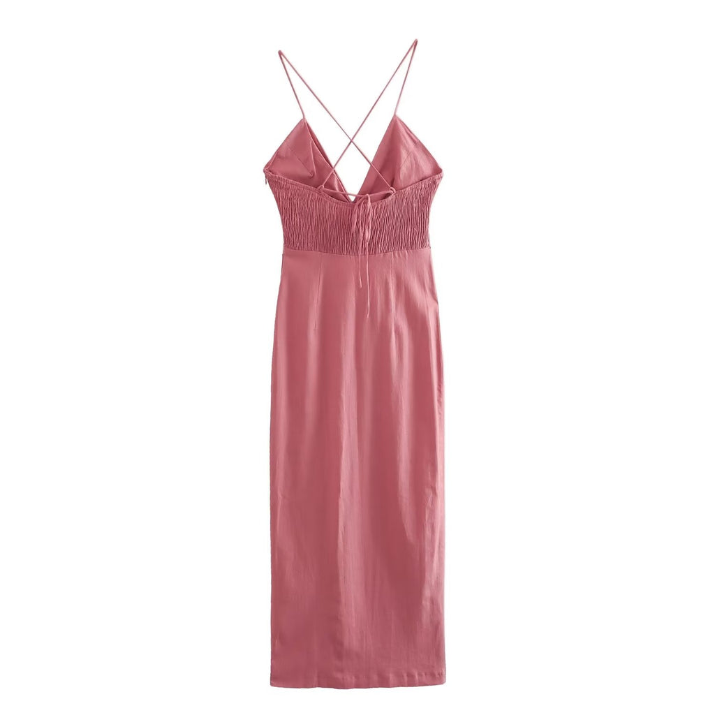 Summer Chest Bow Tie Design Cami Dress Cotton Blend High Waist Slit Maxi Dress Starivy
