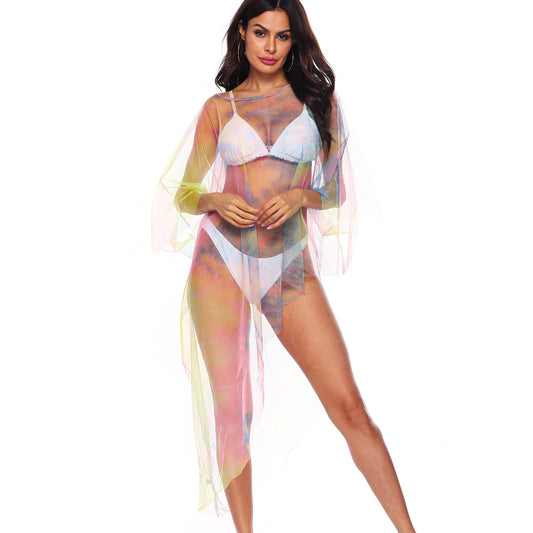 Irregular Asymmetric Sexy See Through Popular Color Mesh Beach Beach Cover Up