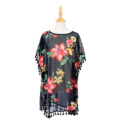 Chemisier à imprimé floral frais et pompons pour femme