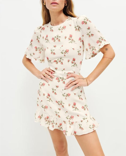 French Pastoral Fresh Floral Slim Fitting Stringy Selvedge Lace-up Dress Rose Printed Short Dress