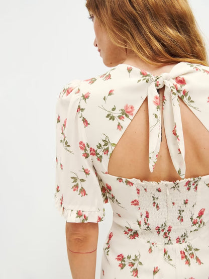 French Pastoral Fresh Floral Slim Fitting Stringy Selvedge Lace-up Dress Rose Printed Short Dress