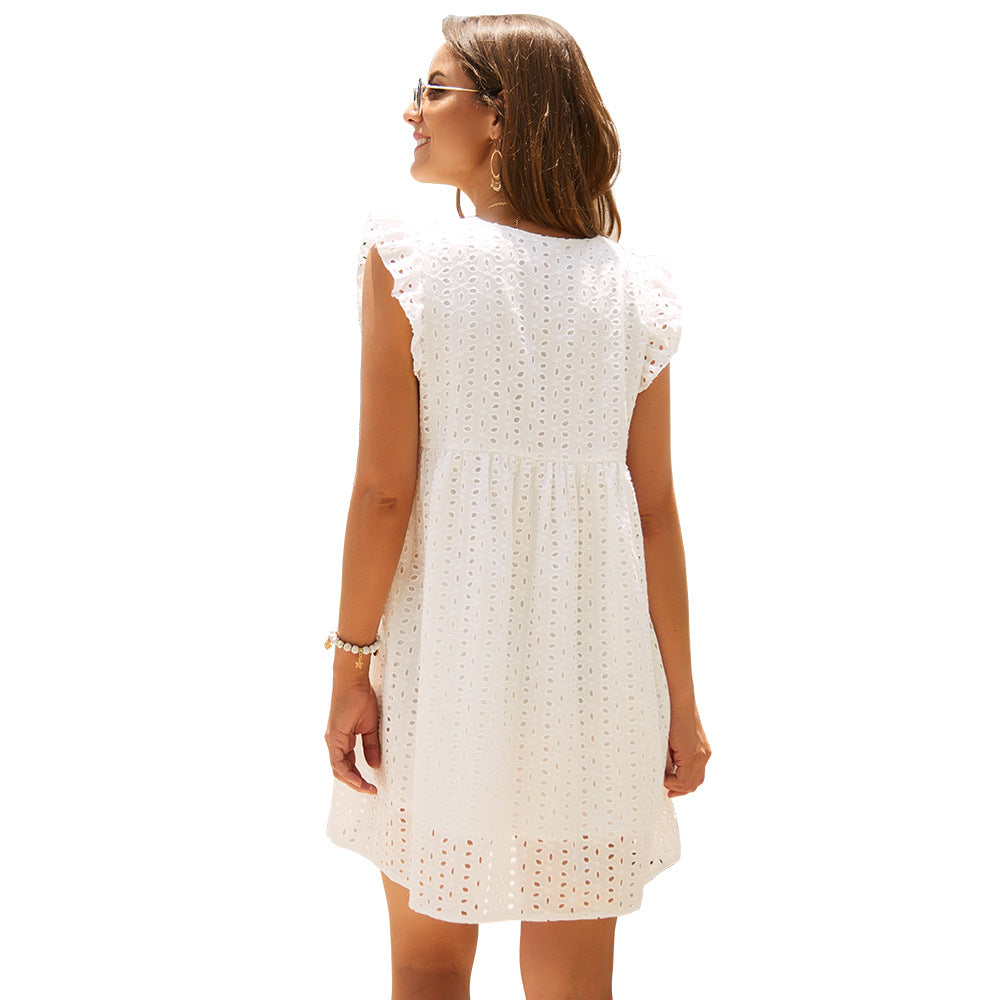 Office Women Clothing Summer V-neck Short SleeveLace Midi Dress Eyelet Embroidery CKK